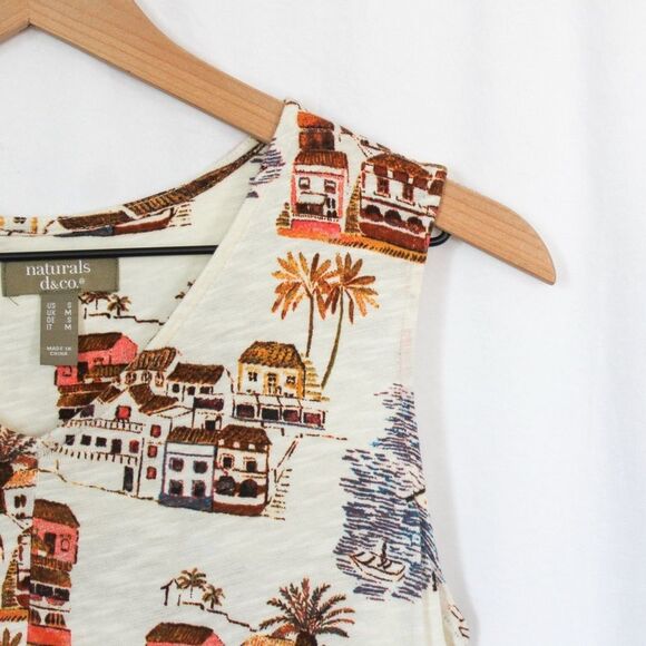 Naturals D&Co Cotton Linen Blend Villa Print Sleeveless Tank Midi Dress Small - Picture 2 of 7